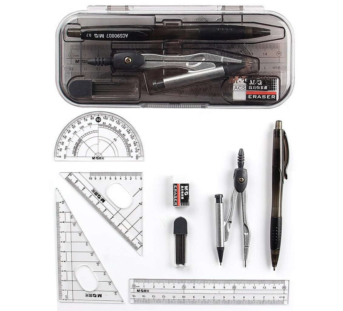 Triangle, protractor, compass set